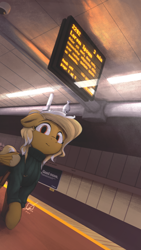 Size: 2700x4800 | Tagged: safe, artist:potato22, derpibooru import, oc, oc only, oc:mareota, pegasus, pony, bag, clothes, dutch angle, looking at you, lorem ipsum, solo, sweater, train station, turtleneck, walking