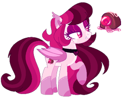 Size: 510x412 | Tagged: safe, artist:shebasoda, derpibooru import, oc, oc only, oc:cherry cordial, bat pony, base used, bat pony oc, beauty mark, body markings, choker, closed mouth, clothes, coat markings, colored eartips, colored eyelashes, colored hooves, colored muzzle, colored pupils, colored wings, ear tufts, eyeshadow, facial markings, fangs, female, folded wings, lidded eyes, magenta eyes, makeup, mare, pale belly, pink, ponysona, raised hoof, raised leg, simple background, slit eyes, smiling, socks, solo, standing, star (coat marking), transparent background, wings