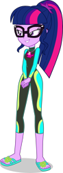 Size: 1525x4164 | Tagged: safe, artist:dustinwatsongkx, derpibooru import, sci-twi, twilight sparkle, human, better together, equestria girls, accessory swap, barefoot, clothes, clothes swap, feet, female, fluttershy's wetsuit, geode of fauna, glasses, magical geodes, sandals, simple background, solo, swimsuit, transparent background, vector, wetsuit