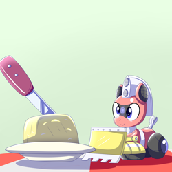 Size: 5000x5000 | Tagged: safe, artist:trackheadtherobopony, derpibooru import, oc, oc:trackhead, original species, pony, robot, robot pony, bulldozer, butter, food, knife, micro, solo, wheelpone