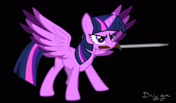 Size: 3400x2000 | Tagged: safe, artist:ihavenointrest, derpibooru import, twilight sparkle, twilight sparkle (alicorn), alicorn, pony, black background, female, mare, mouth hold, simple background, solo, sword, weapon