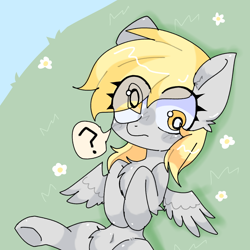 Size: 1280x1280 | Tagged: safe, artist:兔bee, derpibooru import, derpy hooves, pegasus, pony, belly button, female, mare, question mark, solo, speech bubble