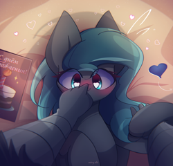 Size: 2450x2350 | Tagged: safe, artist:miryelis, derpibooru import, oc, griffon, pegasus, pony, big ears, blushing, boop, commission, ears, female, heart, heart eyes, long hair, lying down, offscreen character, on back, paws, pov, shipping, smiling, wingding eyes