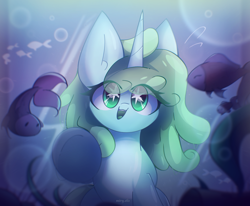 Size: 2550x2100 | Tagged: safe, artist:miryelis, derpibooru import, oc, oc only, oc:mintya, fish, goo, goo pony, original species, pony, big ears, bubble, commission, ears, female, horn, long hair, open mouth, open smile, smiling, solo, starry eyes, water, wingding eyes