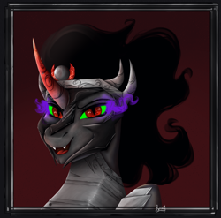 Size: 2602x2573 | Tagged: safe, artist:rainviv, derpibooru import, king sombra, pony, unicorn, antagonist, armor, bust, evil, helmet, looking at you, male, shading, simple background, smiling, smiling at you, solo, sombra eyes, stallion