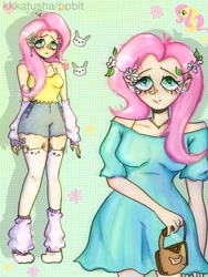 Size: 960x1280 | Tagged: safe, artist:kkkatudha, derpibooru import, fluttershy, human, pony, rabbit, alternate hairstyle, animal, arm warmers, bag, breasts, clothes, dress, ear piercing, earring, female, flower, flower in hair, heart, heart eyes, humanized, jewelry, leg warmers, mare, necklace, piercing, shorts, socks, solo, stockings, tanktop, thigh highs, wingding eyes