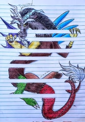 Size: 716x1024 | Tagged: safe, artist:ori_mlp, derpibooru import, discord, draconequus, 2023, female, male, mare, name, signature, solo, the fourth wall cannot save you, traditional art