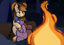 Size: 3508x2480 | Tagged: safe, artist:sefastpone, derpibooru import, oc, oc only, earth pony, g1, campfire, camping, cowboy hat, cuddling, fire, forest, gay, hat, male, night, stallion, tent