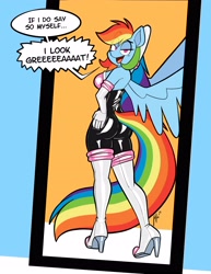 Size: 2550x3300 | Tagged: safe, artist:latexia, derpibooru import, rainbow dash, anthro, pegasus, abstract background, bedroom eyes, boots, breasts, butt, clothes, commission, cosplay, costume, evening gloves, eye clipping through hair, female, gloves, high heel boots, latex, latex gloves, latex suit, long gloves, looking back, mirror, open mouth, open smile, rainbutt dash, reflection, rouge the bat costume, shoes, signature, smiling, solo, sonic the hedgehog (series), talking, wings