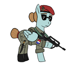 Size: 1956x1668 | Tagged: safe, artist:dafid25, derpibooru import, oc, oc only, pegasus, pony, bayonet, beret, boots, clothes, famas, folded wings, french, gun, hair bun, hat, military uniform, paratrooper, rifle, shoes, simple background, soldier, solo, standing, sunglasses, tail, tail bun, uniform, weapon, white background, wings