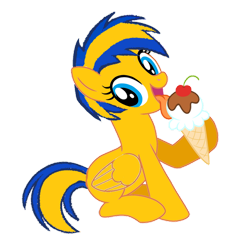 Size: 894x894 | Tagged: source needed, safe, artist:mlpfan3991, derpibooru import, oc, oc only, oc:flare spark, pegasus, pony, cherry, chocolate, female, food, happy, ice cream, ice cream cone, licking, looking at you, mare, simple background, sitting, solo, tongue, tongue out, transparent background, vanilla