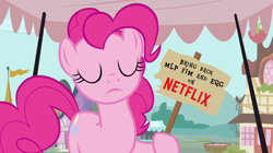 Size: 1280x719 | Tagged: safe, edit, edited screencap, screencap, pinkie pie, earth pony, putting your hoof down, eyes closed, female, meme, netflix, netflix logo, sign, solo, solo female