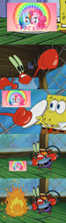 Size: 1148x3840 | Tagged: safe, artist:misterdavey, pinkie pie, rainbow dash, earth pony, pegasus, cupcakes hd, flamethrower, krusty krab, meme, mr. krabs, spongebob squarepants, spongebob squarepants (character)
