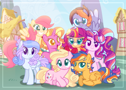 Size: 1023x731 | Tagged: safe, artist:shebasoda, derpibooru import, luster dawn, oc, oc:buttercream pie, oc:daydream spell, oc:dusk light, oc:honey bunny pie, oc:sapphire lace, oc:starglory magic, oc:sunlight spark, earth pony, pegasus, pony, unicorn, base used, blue eyes, brother and sister, closed mouth, coat markings, colored eyelashes, colored muzzle, colored pupils, colored wings, colored wingtips, dreamworks face, eyebrows, eyeshadow, facial markings, female, flying, folded wings, frown, glasses, golden eyes, gradient mane, grin, house, lidded eyes, looking at you, lying down, magical lesbian spawn, magical threesome spawn, makeup, male, mare, mountain, multicolored eyes, next generation, offspring, open mouth, parent:flash sentry, parent:fluttershy, parent:kerfuffle, parent:moondancer, parent:pinkie pie, parent:rarity, parent:starlight glimmer, parent:sunburst, parent:sunset shimmer, parent:trixie, parent:twilight sparkle, parents:flashimmer, parents:flutterpie, parents:rarifuffle, parents:stardancer, parents:startrix, parents:startrixdancer, parents:trixdancer, parents:twiburst, pink eyes, ponytail, ponyville, posing for photo, prone, purple eyes, raised eyebrow, round glasses, siblings, sisters, sky, smiling, snip (coat marking), spread wings, stallion, standing, star (coat marking), teal eyes, wings