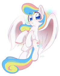 Size: 1441x1808 | Tagged: safe, artist:inkp0ne, derpibooru import, oc, oc only, oc:gabrizzy, pegasus, pony, chest fluff, eye clipping through hair, flying, looking at you, smiling, solo, spread wings, wings