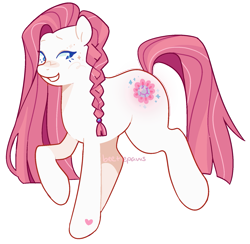 Size: 1705x1662 | Tagged: safe, artist:beetlepaws, derpibooru import, earth pony, pony, g3, blue eyes, braid, cutie mark, glowing cutie mark, hoof heart, pink hair, pink mane, pink tail, raised hoof, raised leg, shimmer shine, simple background, solo, tail, transparent background, underhoof, white