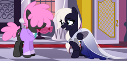 Size: 6288x3018 | Tagged: safe, artist:feather_bloom, derpibooru import, oc, oc:aura blossom(kaitykat), oc:echo wave, earth pony, pegasus, pony, clothes, couple, detailed background, dress, freckles, gala dress, grand galloping gala, nervous, suit