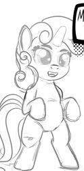 Size: 494x1000 | Tagged: safe, derpibooru import, sweetie belle, pony, unicorn, belly, bipedal, female, filly, foal, simple background, sketch, solo, white background, wip