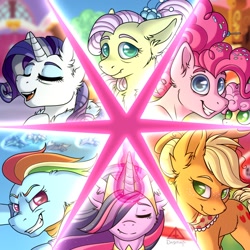 Size: 1280x1280 | Tagged: safe, artist:da9mar, derpibooru import, applejack, fluttershy, li'l cheese, pinkie pie, princess twilight 2.0, rainbow dash, rarity, twilight sparkle, twilight sparkle (alicorn), alicorn, earth pony, pegasus, pony, unicorn, the last problem, eyes closed, female, foal, mane six, mare, older, older applejack, older fluttershy, older pinkie pie, older rainbow dash, older rarity, older twilight, signature, smiling