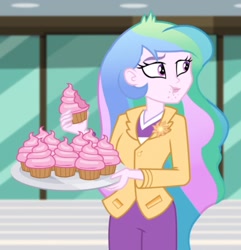 Size: 695x720 | Tagged: safe, derpibooru import, screencap, princess celestia, principal celestia, human, equestria girls, equestria girls series, holidays unwrapped, spoiler:eqg series (season 2), cake, cakelestia, cropped, cupcake, female, food, solo, winter break-in