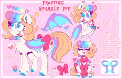 Size: 1280x836 | Tagged: safe, artist:shebasoda, derpibooru import, oc, oc only, oc:frosting sparkle pie, bat pony, pony, :p, bat pony oc, blood, bow, cherry, chest fluff, closed mouth, clothes, colored hooves, colored wings, cupcake, ear tufts, elbow fluff, eyes closed, fangs, female, folded wings, food, heart, hoof heart, leg fluff, looking at you, mare, multicolored wings, pink background, reference sheet, simple background, sitting, sparkles, sparkly mane, sparkly tail, spread wings, standing, sweater, tail, tail bow, teal eyes, text, tongue, tongue out, turtleneck, underhoof, wings