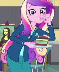 Size: 591x720 | Tagged: safe, derpibooru import, screencap, dean cadance, princess cadance, human, equestria girls, friendship games, cake, cropped, female, food, mona lisa, solo