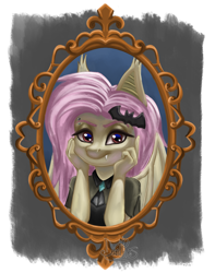 Size: 3158x4000 | Tagged: safe, artist:danthez, derpibooru import, fluttershy, anthro, bat pony, bat ponified, digital painting, female, flutterbat, frame, hairpin, painting, race swap, signature, smiling