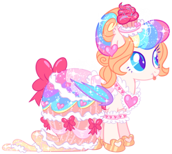 Size: 828x739 | Tagged: safe, artist:shebasoda, derpibooru import, oc, oc only, oc:frosting sparkle pie, bat pony, pony, bat pony oc, bow, clothes, colored eyelashes, colored pupils, colored wings, cupcake, detatched sleeves, dress, ear tufts, fangs, female, folded wings, food, gala dress, hair bun, hat, hoof shoes, lace, mare, multicolored wings, ribbon, simple background, slit eyes, solo, sparkly mane, sparkly tail, sparkly wings, standing, tail, teal eyes, tongue, tongue out, transparent background, wings