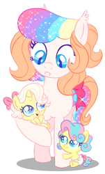 Size: 828x1367 | Tagged: safe, artist:shebasoda, derpibooru import, oc, oc:frosting sparkle pie, bat pony, earth pony, pony, unicorn, g1, g4, baby, baby frosting, baby pony, baby sugarcake, bat pony oc, blue eyes, bow, closed mouth, colored wings, cyan eyes, diaper, ear tufts, fangs, foal, folded wings, frown, g1 to g4, generation leap, hair bow, holding baby, looking at each other, looking at someone, looking down, looking up, multicolored wings, open mouth, simple background, slit eyes, smiling, sparkly mane, sparkly tail, standing, tail, tail bow, teal eyes, transparent background, trio, wings