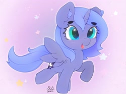 Size: 4000x3000 | Tagged: safe, artist:zokkili, derpibooru import, princess luna, alicorn, pony, beanbrows, cute, ear fluff, ears, eyebrows, eyebrows visible through hair, female, filly, foal, high res, horn, lunabetes, open mouth, open smile, raised hoof, raised leg, signature, smiling, solo, spread wings, stars, wings, woona, younger