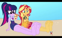 Size: 1920x1200 | Tagged: safe, derpibooru import, flash sentry, sci-twi, sunset shimmer, timber spruce, twilight sparkle, human, equestria girls, barefoot, clothes, feet, female, larger female, letterboxing, male, shrinking, size difference, smaller male, soles, swimsuit