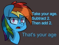 Size: 1200x907 | Tagged: safe, artist:lou, derpibooru import, rainbow dash, pegasus, pony, bust, captain obvious, fancy mathematics, female, gray background, looking at you, mare, math, simple background, solo, talking to viewer, text