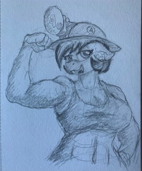 Size: 3024x3629 | Tagged: safe, artist:reddthebat, derpibooru import, oc, oc only, oc:number nine, anthro, earth pony, belly button, bicep flex, biceps, breasts, busty oc, cleavage, clothes, ears, female, flexing, floppy ears, headlamp, helmet, looking at you, mare, midriff, mining helmet, monochrome, muscles, muscular female, open mouth, open smile, sketch, smiling, smiling at you