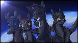 Size: 1800x1000 | Tagged: safe, artist:andromailus, derpibooru import, oc, oc only, oc:cloudwalker, oc:wyvern, original species, plane pony, :p, a-12, earth, eyes closed, female, grin, group hug, group photo, hug, lockheed corporation, mare, plane, siblings, sisters, smiling, space, sr-71 blackbird, sunlight, tongue, tongue out, u-2, yf-12