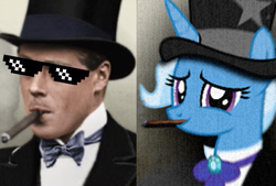 Size: 623x420 | Tagged: safe, derpibooru import, trixie, human, pony, unicorn, bust, clothes, hat, photo, portrait, suit, top hat