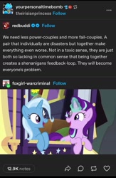 Size: 1284x1973 | Tagged: safe, derpibooru import, screencap, starlight glimmer, trixie, pony, unicorn, road to friendship, duo, female, glowing, glowing horn, horn, lesbian, looking at each other, looking at someone, mare, shipping, startrix, trixie's wagon, tumblr post, wagon