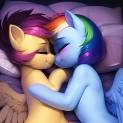 Size: 2560x2560 | Tagged: safe, ai content, derpibooru import, generator:novelai, generator:stable diffusion, machine learning generated, rainbow dash, scootaloo, pegasus, pony, bed, blushing, cuddling, cute, duo, duo female, eyes closed, female, filly, foal, hug, lying down, mare, on bed, on side, pillow, prompter:endless--, siblings, sisters, sleeping, smiling, snuggling, spread wings, wings