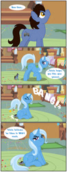 Size: 1280x3277 | Tagged: safe, artist:bbbhuey, derpibooru import, trixie, oc, oc:jay, earth pony, pony, unicorn, canon x oc, comic, female, heart, looking at butt, male, mare, micro, sitting, sitting on person, sitting on pony, stallion, straight