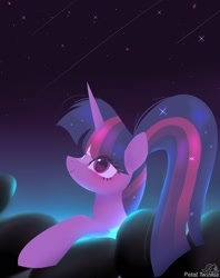 Size: 1620x2048 | Tagged: safe, artist:petaltwinkle, derpibooru import, twilight sparkle, twilight sparkle (alicorn), alicorn, pony, alternate hairstyle, blushing, bust, coat markings, facial markings, female, heart, heart eyes, looking at you, mare, ponytail, smiling, smiling at you, solo, star (coat marking), wingding eyes