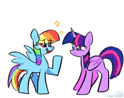 Size: 1024x810 | Tagged: safe, artist:petaltwinkle, derpibooru import, rainbow dash, twilight sparkle, twilight sparkle (alicorn), alicorn, pegasus, pony, alternate hairstyle, duo, eye clipping through hair, eyebrows, eyebrows visible through hair, female, mane swap, manebow sparkle, mare, open mouth, open smile, raised eyebrow, signature, simple background, smiling, sparkles, twilight sparkle is not amused, unamused, white background