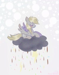 Size: 1620x2048 | Tagged: safe, artist:petaltwinkle, derpibooru import, derpy hooves, pegasus, pony, chocolate, chocolate rain, eyes closed, female, food, lightning, mare, rain, signature, smiling, solo, spread wings, sprinkles, wings