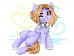 Size: 1600x1200 | Tagged: safe, artist:falafeljake, derpibooru import, oc, oc only, earth pony, pony, belly, belly button, bowtie, chest fluff, ear fluff, ears, earth pony oc, eye clipping through hair, eyebrows, eyebrows visible through hair, female, fluffy, grin, hoof fluff, leg fluff, looking at you, mare, one eye closed, smiling, smiling at you, solo, unshorn fetlocks, wink, winking at you
