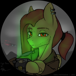 Size: 2000x2000 | Tagged: safe, artist:endelthepegasus, derpibooru import, oc, oc:zeleniy, pegasus, fallout equestria, clothes, ear piercing, looking at you, male, piercing, pipbuck, solo