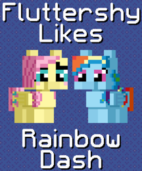 Size: 1080x1300 | Tagged: safe, artist:silk-rose, derpibooru import, fluttershy, rainbow dash, blushing, female, flutterdash, lesbian, patterned background, pixel art, shipping, text, upscaled