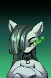 Size: 1300x2000 | Tagged: safe, artist:sugarstar, derpibooru import, marble pie, earth pony, pony, collaboration, collaboration:meet the best showpony, collar, evil, gradient background, looking at you, magic, solo