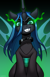 Size: 1300x2000 | Tagged: safe, artist:sugarstar, derpibooru import, queen chrysalis, changeling, changeling queen, pony, collaboration, collaboration:meet the best showpony, collar, evil, eye mist, gradient background, looking at you, magic, sharp teeth, smiling, solo, spread wings, teeth, wings
