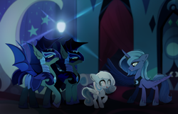 Size: 1750x1130 | Tagged: safe, artist:skyeypony, derpibooru import, princess luna, oc, oc:snowdrop, alicorn, bat pony, pegasus, pony, night guard, open mouth, open smile, smiling, spread wings, wings