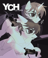 Size: 3024x3684 | Tagged: safe, artist:teturirusu, derpibooru import, oc, pony, unicorn, any gender, any race, any species, controller, duo, looking at something