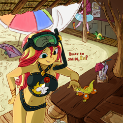 Size: 1500x1500 | Tagged: safe, artist:lef-fa, derpibooru import, gummy, pinkie pie, ray, sunset shimmer, alligator, gecko, human, equestria girls, beach, beach towel, beach umbrella, belly button, bikini, clothes, dialogue, dive mask, duo focus, female, flippers (gear), goggles, inner tube, pool toy, snorkel, swimsuit, water wings