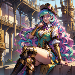 Size: 2048x2048 | Tagged: safe, ai content, derpibooru import, generator:seaart.ai, machine learning generated, princess celestia, human, boots, breasts, bridge, city, cityscape, clothes, dress, gold, hair, hat, humanized, jewelry, polydactyly, prompter:neondash, reasonably sized breasts, scenery, shoes, sitting, solo, steampunk, thigh boots
